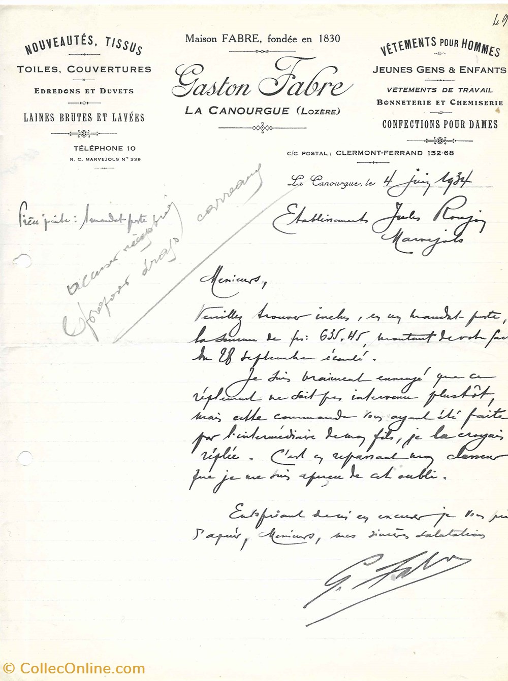Fabre Gaston (1934) vieux papiers factures documents commerciaux fabre gaston 1934