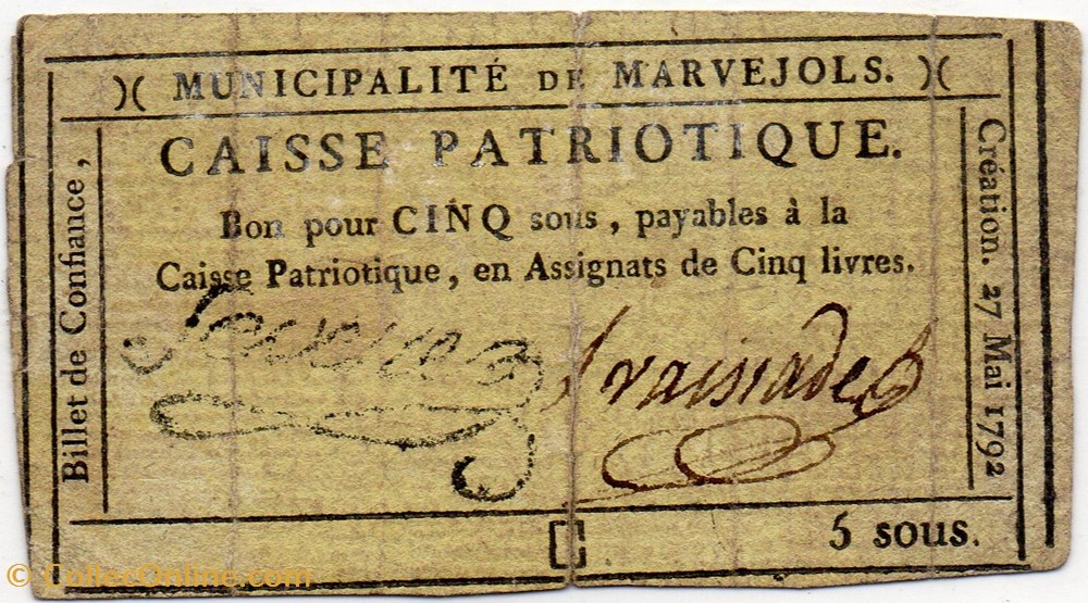 Billet de Confiance - MARVEJOLS (Lozère) - 5 sous billets europe france billet de confiance marvejols lozere 5 sous