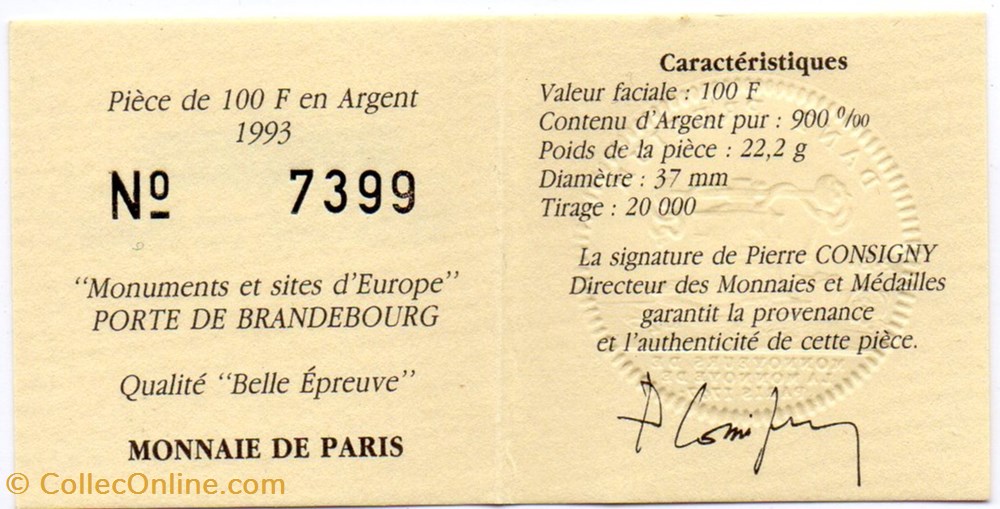 1993 - 15 écus/100 franc argent B.E. monnaies monde france 1993 15 ecus 100 franc argent b e