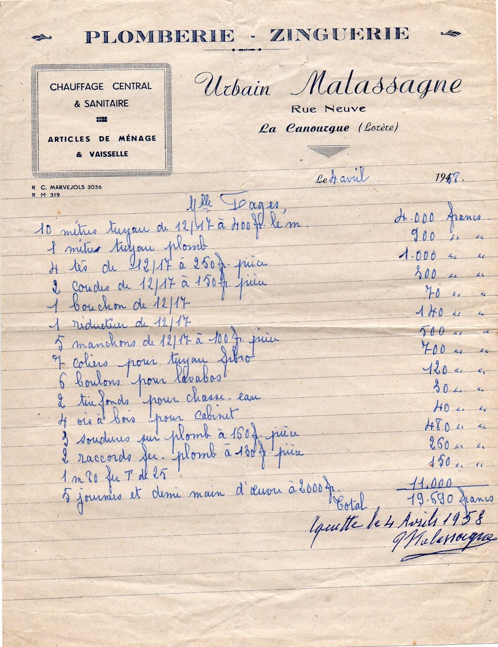 Malassagne Urbain (1958) documents anciens factures commerciaux malassagne urbain 1958