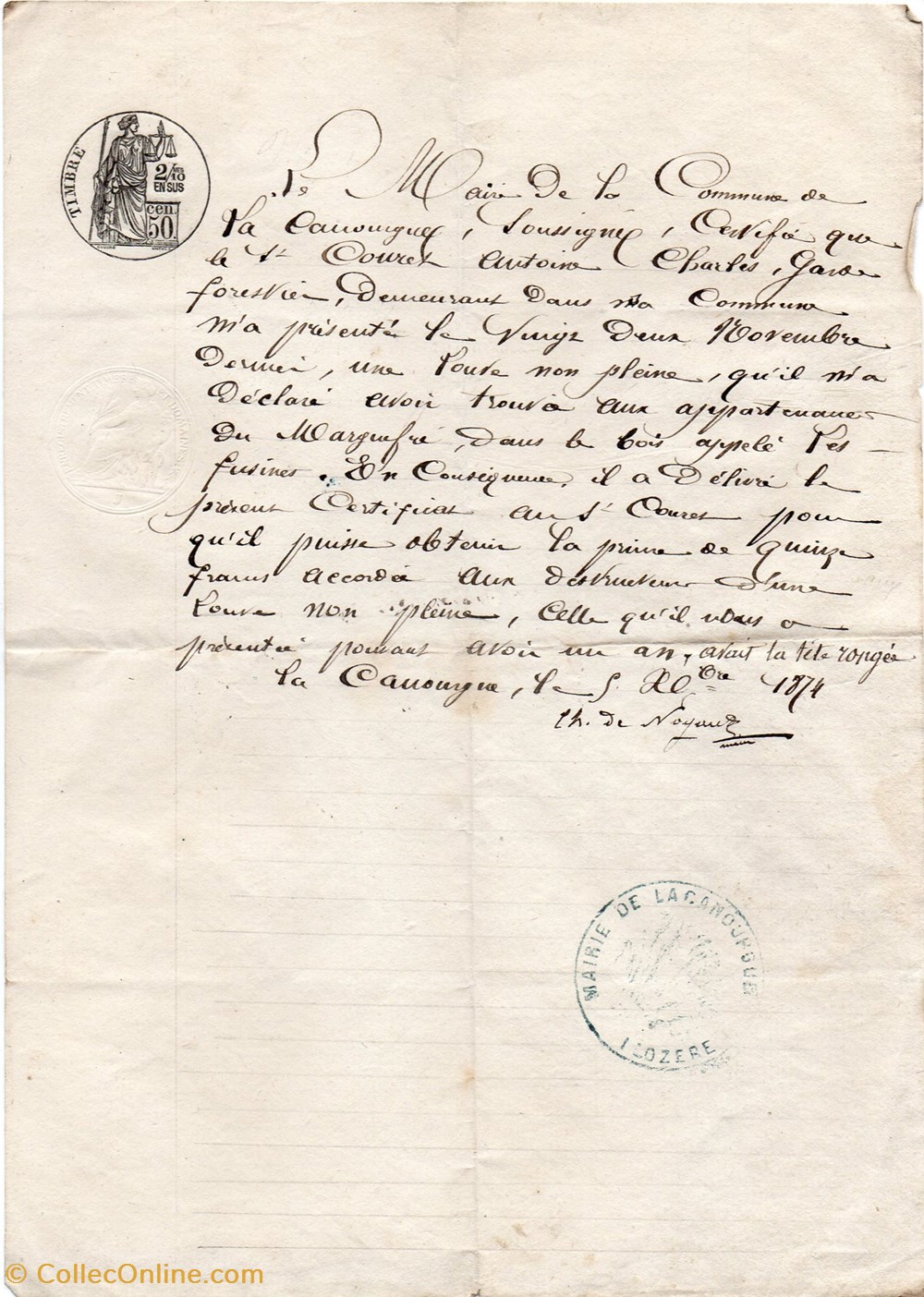 1874 - Certificat abattage d'une louve pour prime documents anciens autres 1874 certificat abattage une louve pour prime