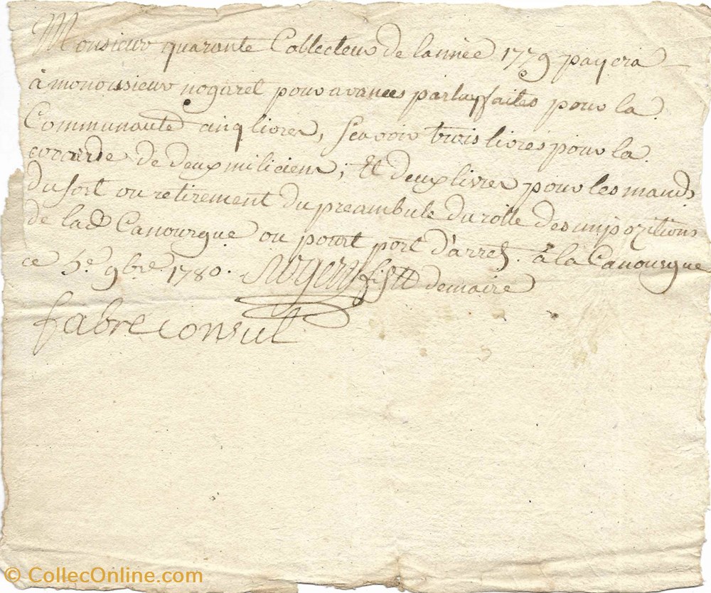 1780 - Paiement documents anciens autres 1780 paiement