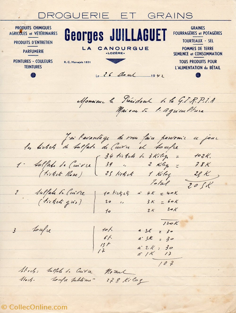 Juillaguet Georges (1942) documents anciens factures commerciaux juillaguet georges 1942