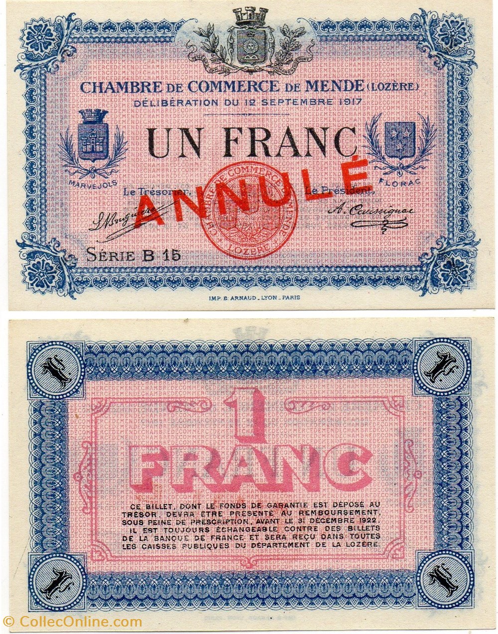 1 franc C.C.M. - Série B15 annulé billets europe france 1 franc c c m serie b15 annule