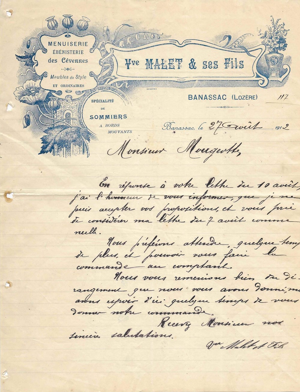 Malet Vve & ses Fils (1912) documents anciens factures commerciaux malet vve ses fils 1912