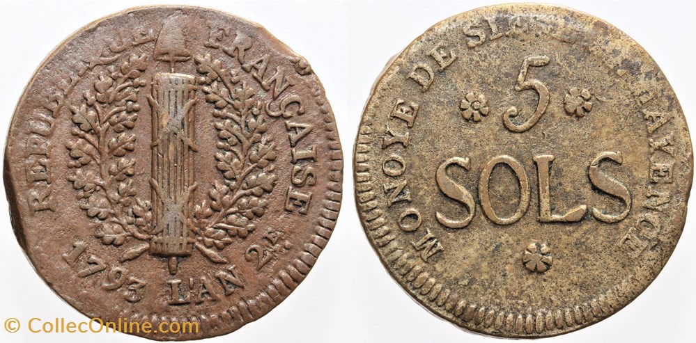 1793 - Convention - 5 sols du Siège de Mayence monnaies monde france 1793 convention 5 sols du siege de mayence