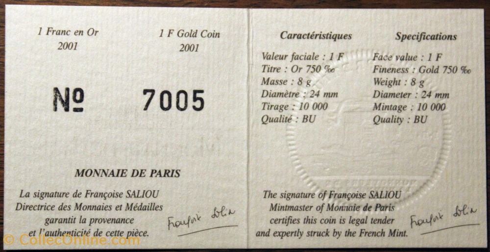 2001 - 1 franc or, B.U. monnaies monde france 2001 1 franc or b u