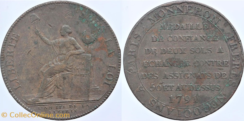 1791 - Constitution - Monnaie de confiance - 2 sols monnaies monde france 1791 constitution monnaie de confiance 2 sols