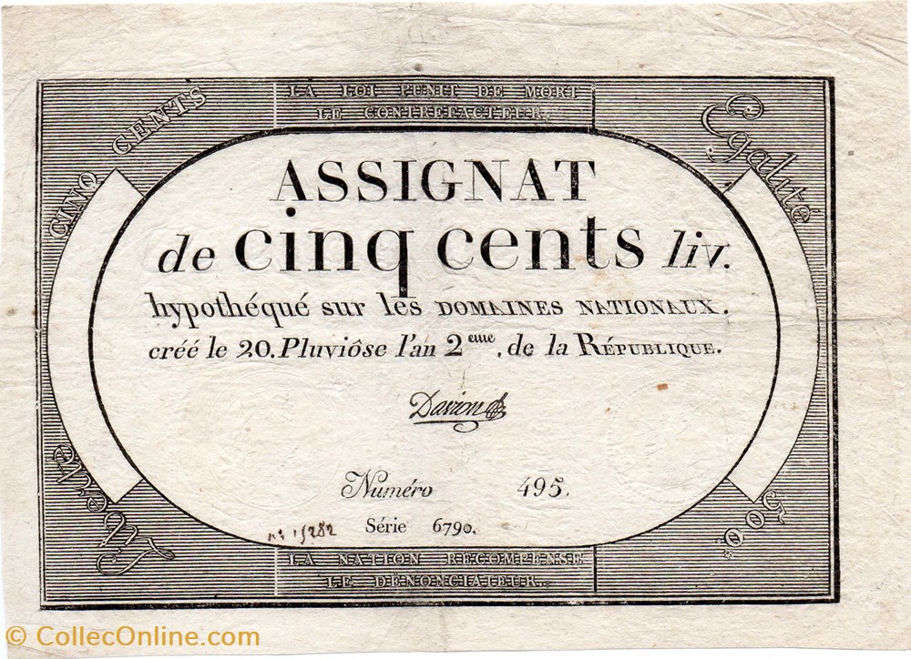billets europe france assignat de 500 livres 20 pluviose an ii