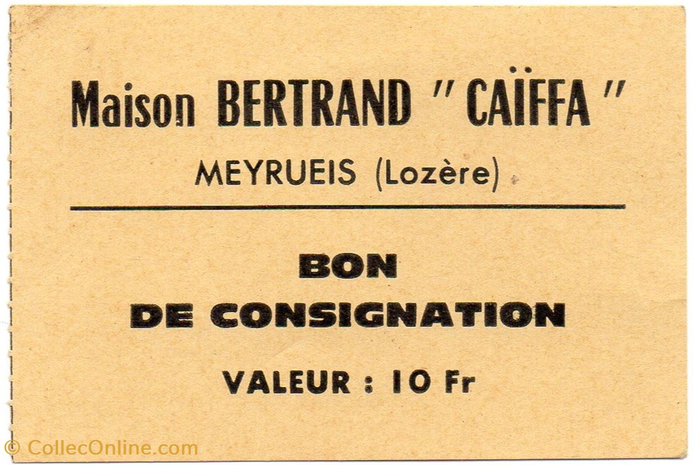 BON de consignation de 10 fr - Meyrueis (Lozère) billets europe france bon de consignation de 10 fr meyrueis lozere