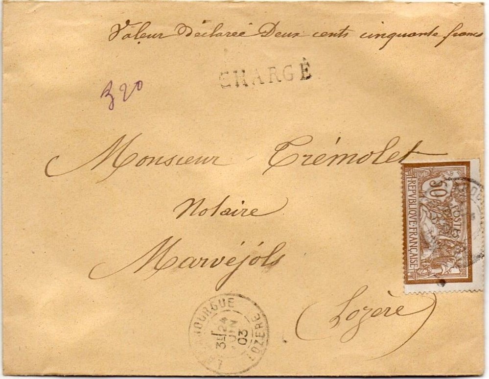 1903 - Cachets type A2 + chargée 250 francs documents anciens marques postales europe 1903 cachets type a2 chargee 250 francs