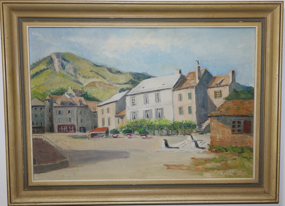 Tableau - Place de l'Ayre, la Canourgue, Lozère. art antiquites peintures dessins tableau place de ayre la canourgue lozere
