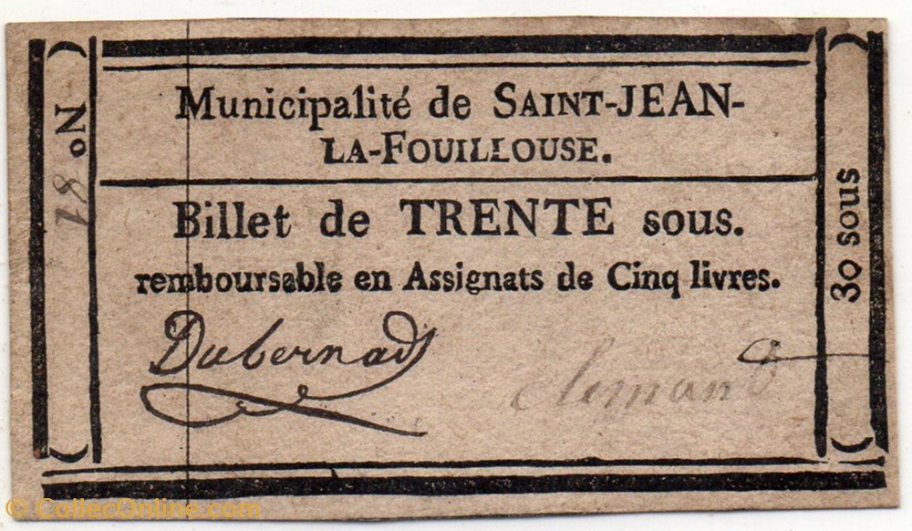 Billet de Confiance - St-JEAN-LA-FOUILLOUSE (Lozère) - 30 sous billets europe france billet de confiance st jean la fouillouse lozere 30 sous