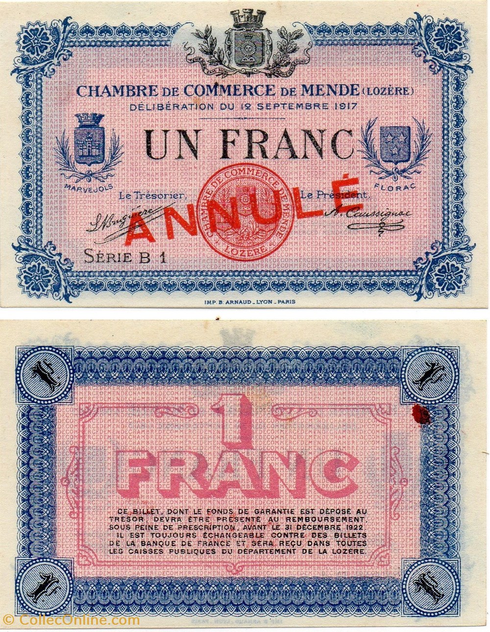 1 franc C.C.M. - Série B1 annulé billets europe france 1 franc c c m serie b1 annule