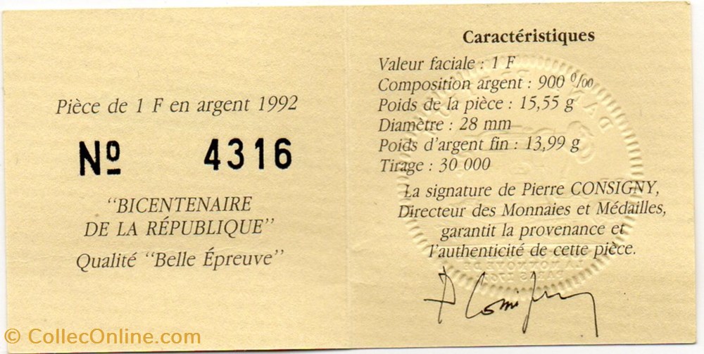 monnaies monde france 1992 1 franc argent b e
