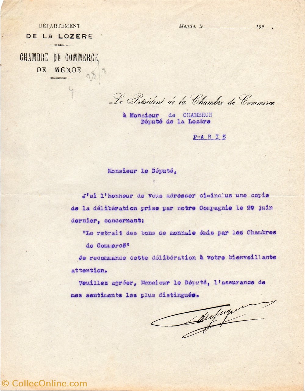 Courrier pour le retrait des billet de la C.C. de Mende billets europe france courrier pour le retrait des billet de la c c de mende