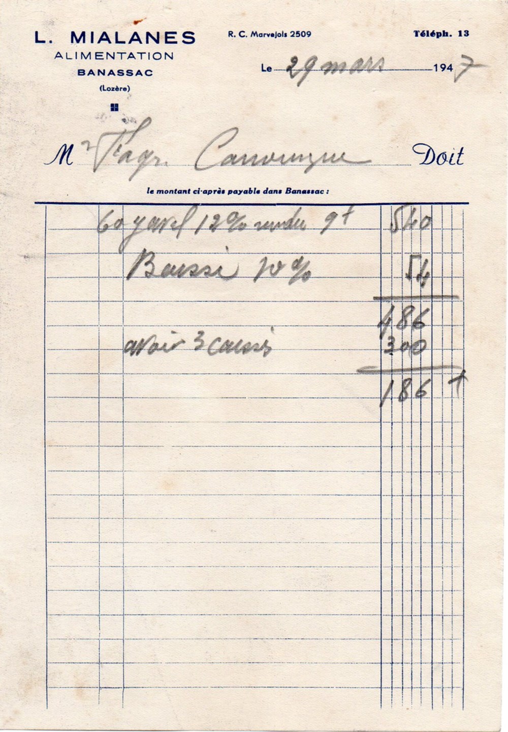 Mialanes L. (1947) documents anciens factures commerciaux mialanes l 1947