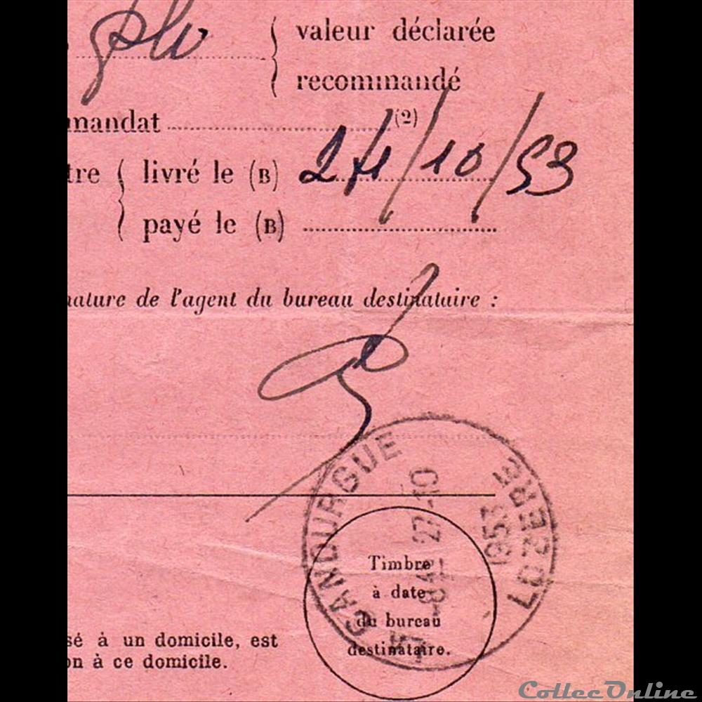 1953 - Cachets type A5 sur avis de réception marque postale europe france 1953 cachets type a5 sur avis de reception