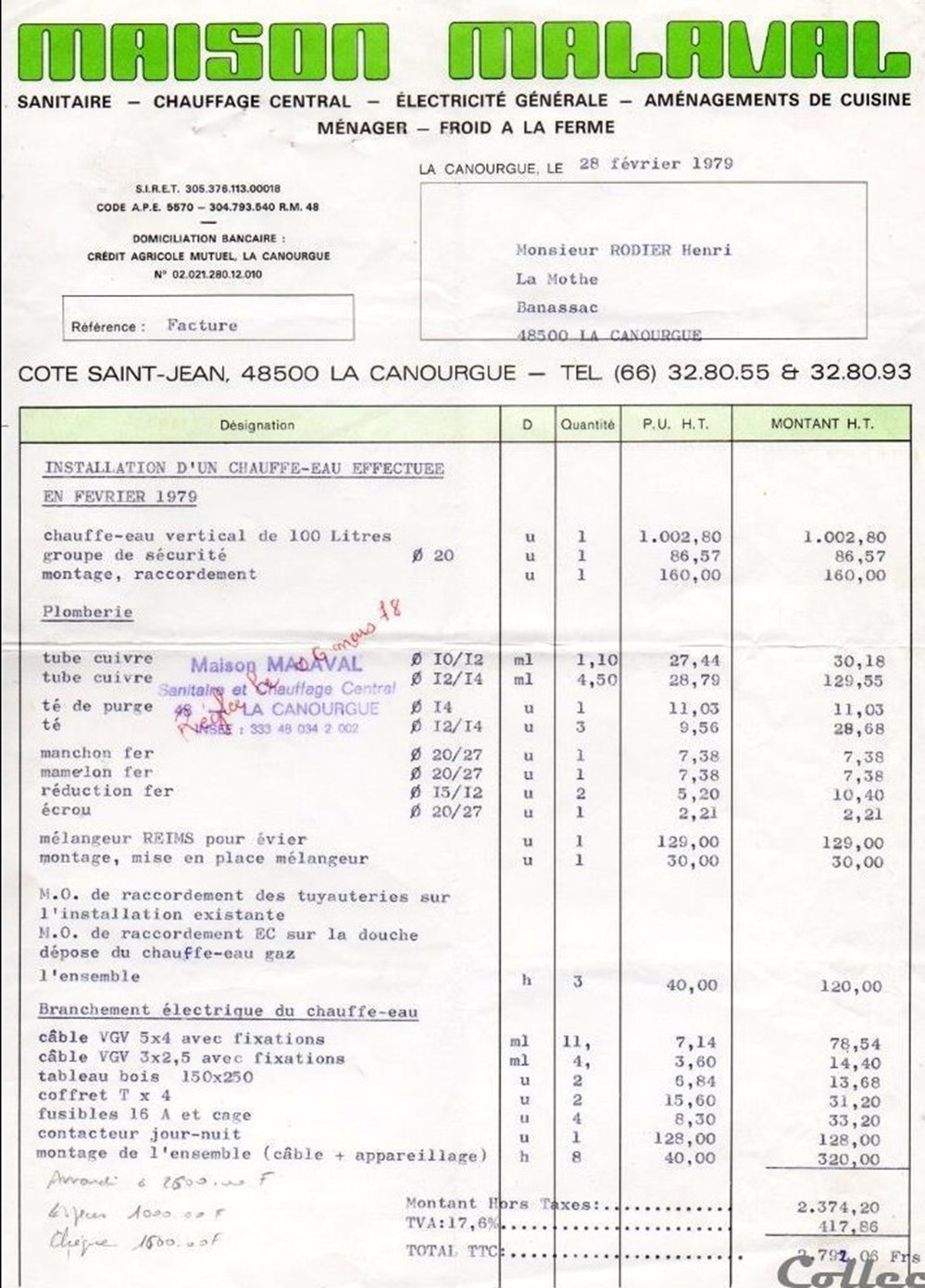 Malaval (1979) documents anciens factures commerciaux malaval 1979