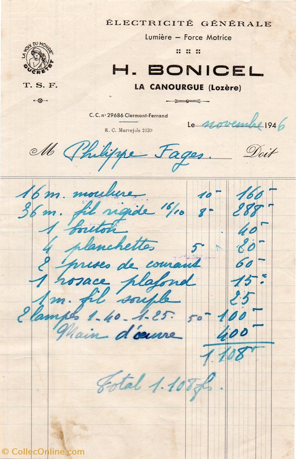 Bonicel H. (1946) documents anciens factures commerciaux bonicel h 1946