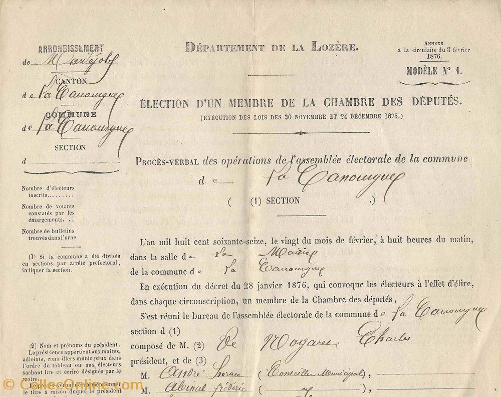 1876 - Elections d'un membre de la Chambre des députés, la Canourgue documents anciens autres 1876 elections un membre de la chambre des deputes la canourgue