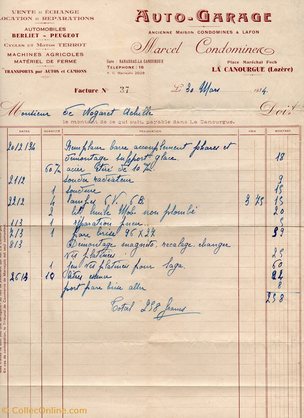 documents anciens factures commerciaux condomines marcel 1934