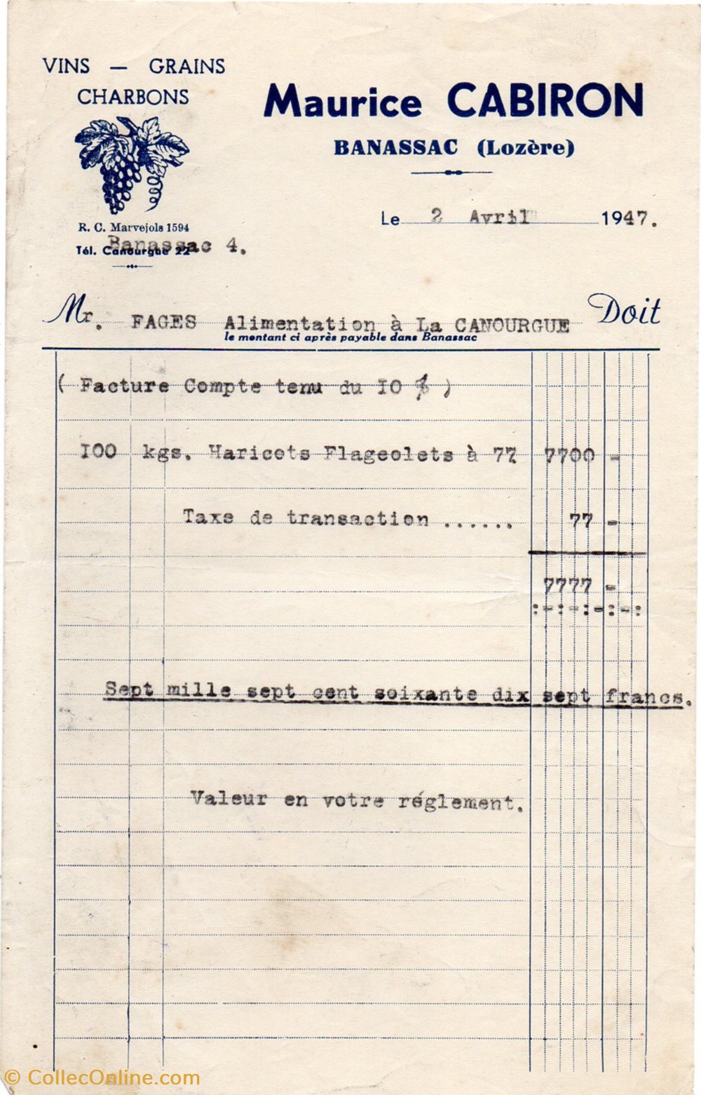 documents anciens factures commerciaux cabiron maurice 1947