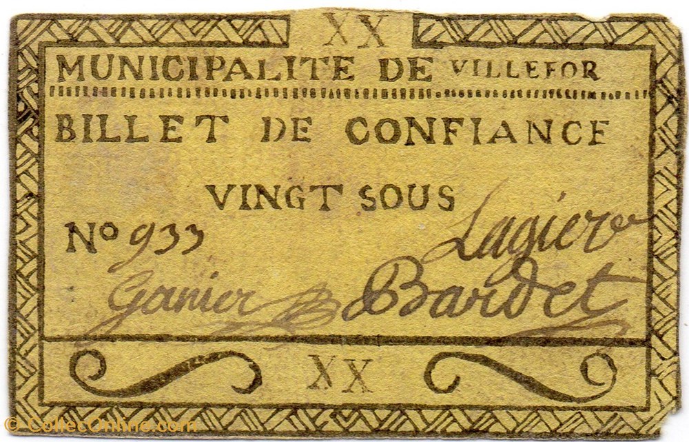 Billet de Confiance - VILLEFORT (Lozère) - 20 sous billets europe france billet de confiance villefort lozere 20 sous