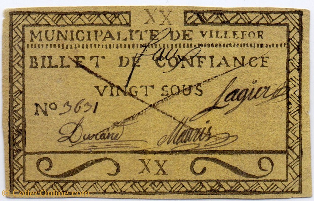 billets europe france billet de confiance villefort lozere 20 sous