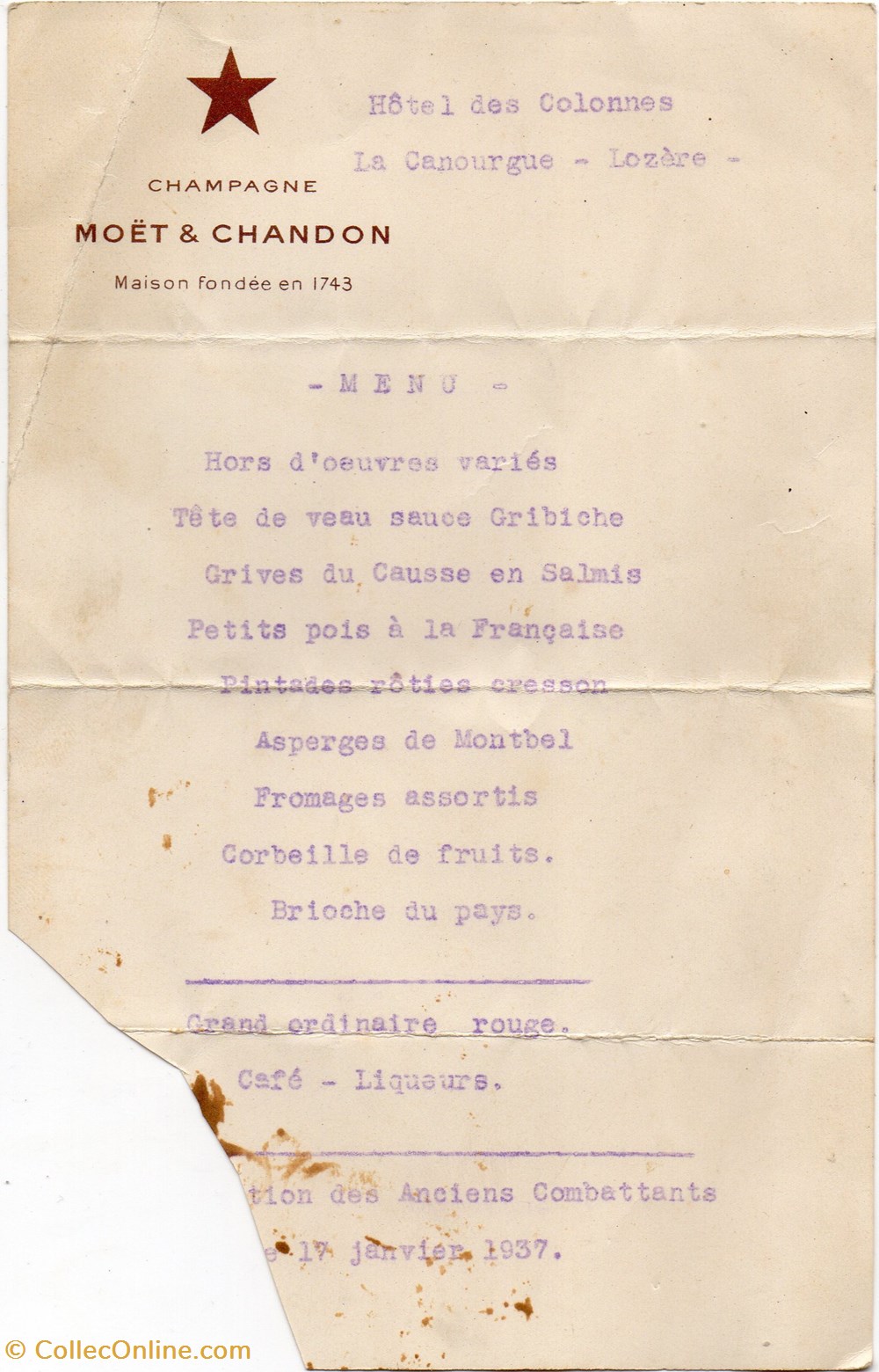 1937 - Menu des Anciens Combattants documents menus 1937 menu des anciens combattants