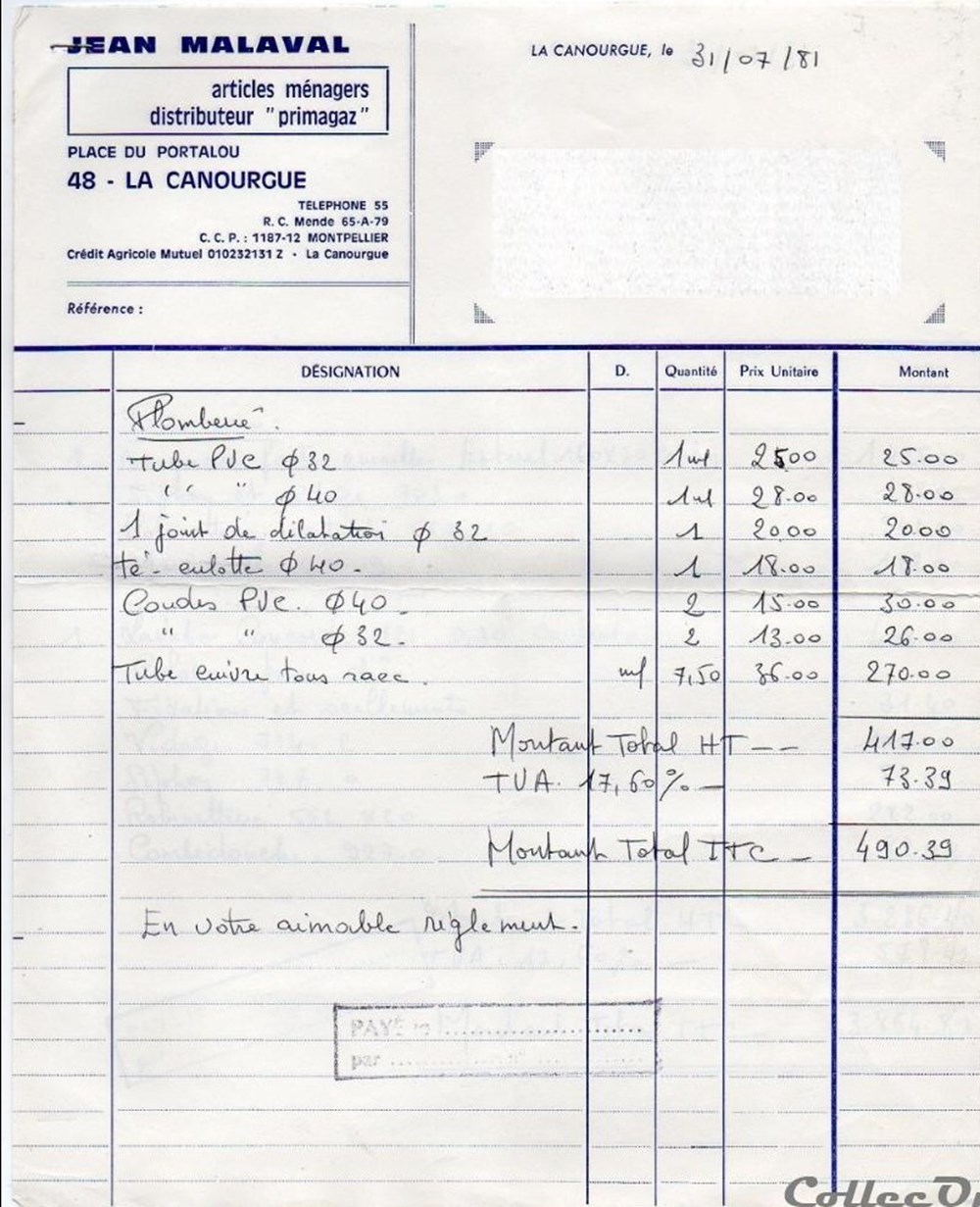 Malaval Jean (1981) documents anciens factures commerciaux malaval jean 1981