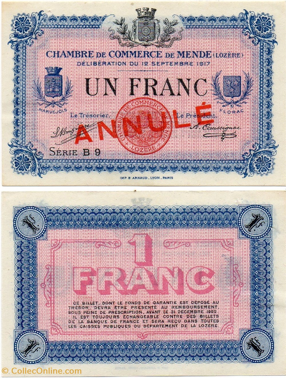 billets europe france 1 franc c c m serie b9 annule
