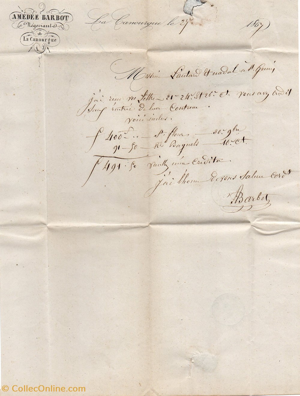 documents anciens factures commerciaux barbot amedee 1867