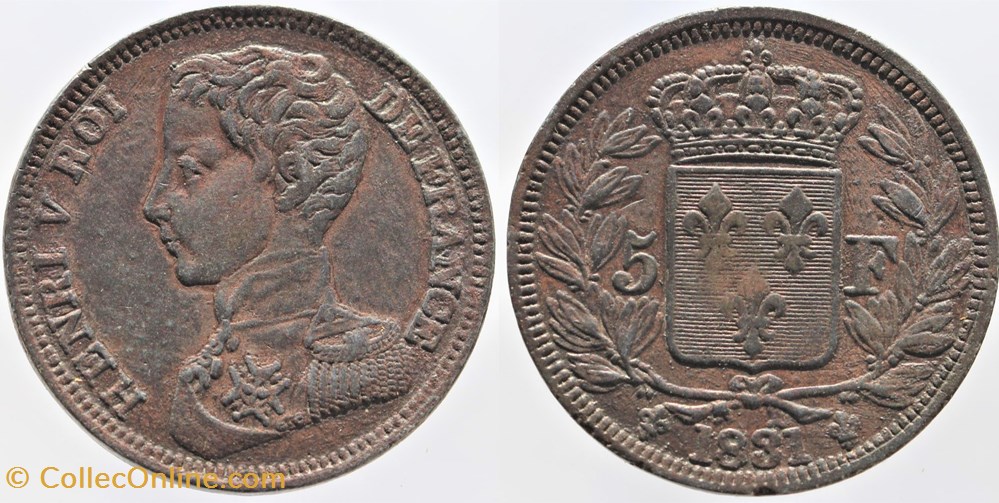 monnaies monde france 1831 henri v essai 5 francs