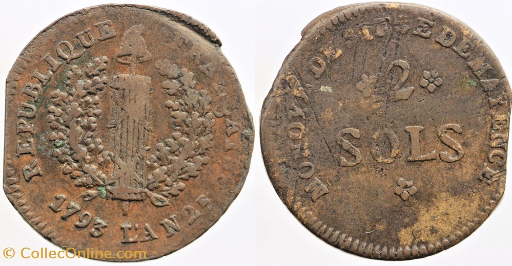1793 - Convention - 2 sols du Siège de Mayence monnaies monde france 1793 convention 2 sols du siege de mayence