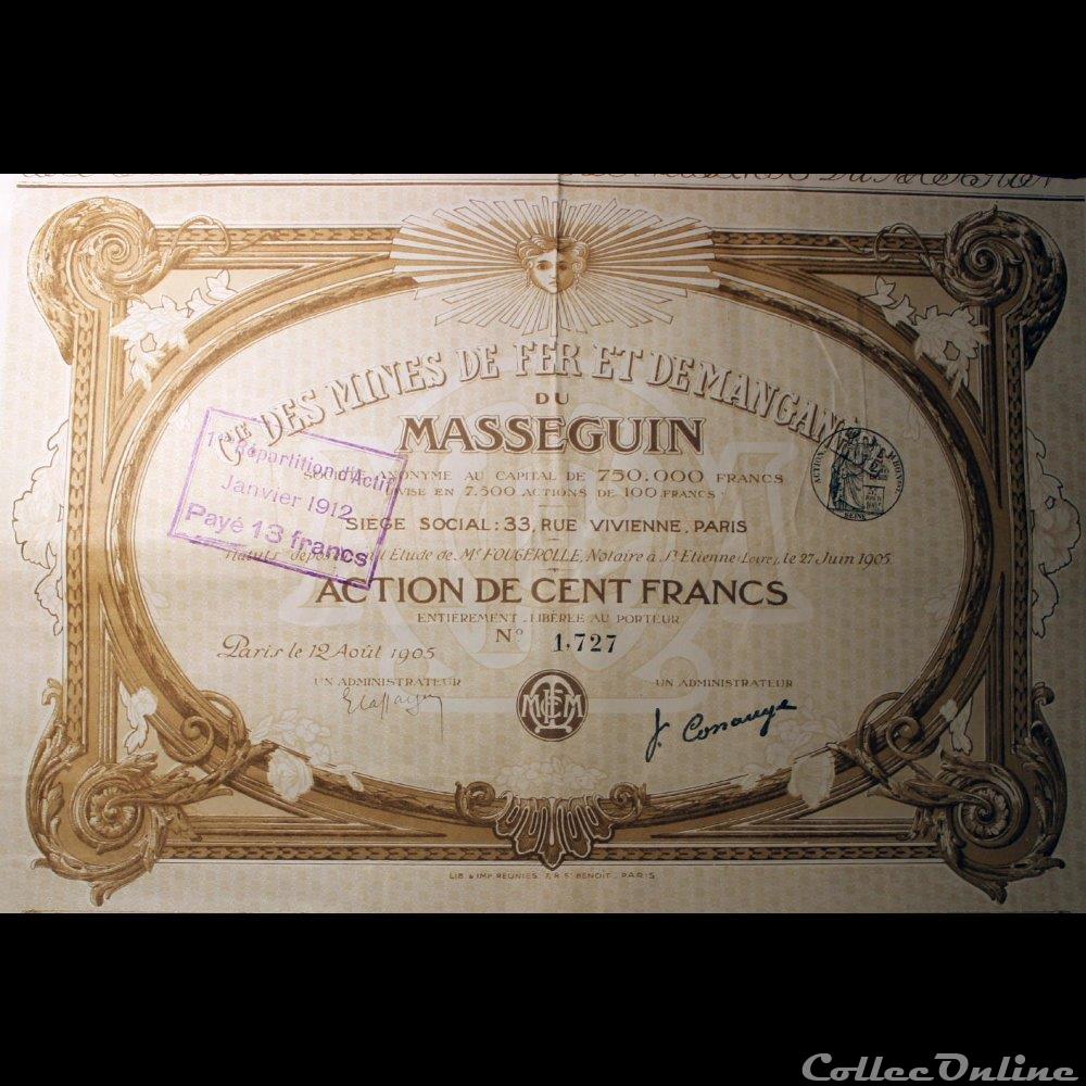 vieux papier action titre montre ancienne 1905 mines du masseguin