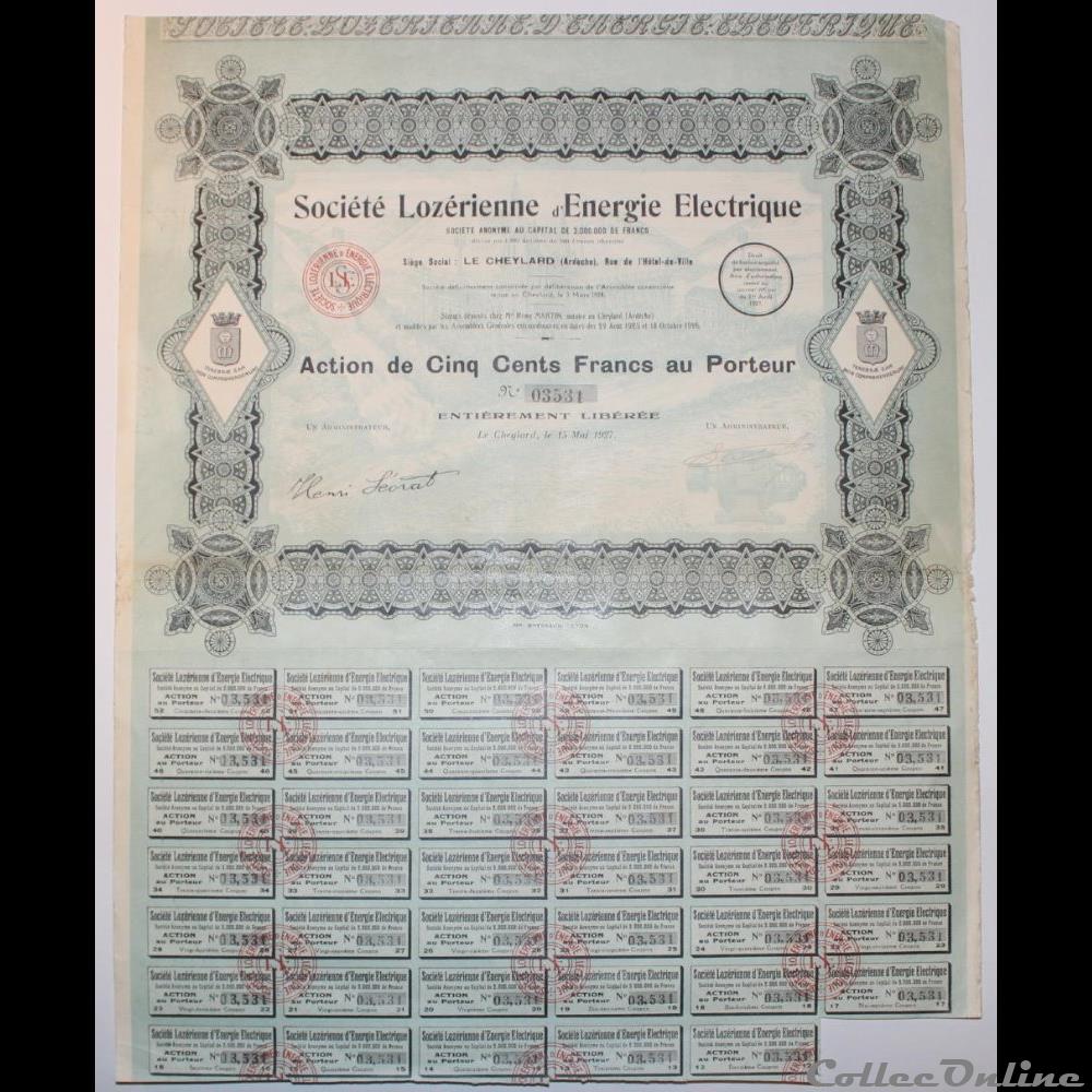 vieux papier action titre montre ancienne 1927 societe lozerienne energie electrique