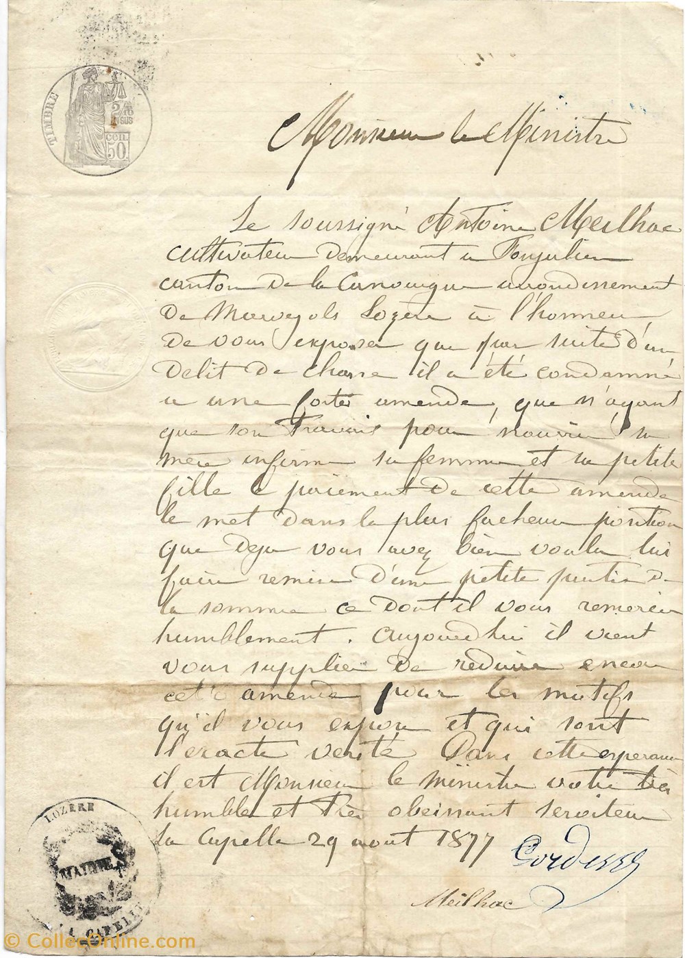 1877 - Demande de clémence pour une amende de délit de chasse documents anciens autres 1877 demande de clemence pour une amende de delit de chasse