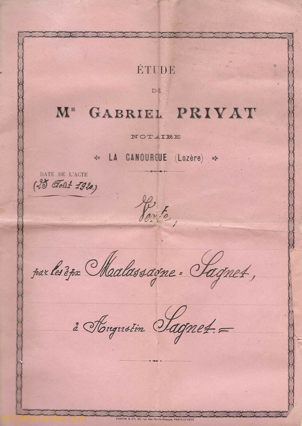 1920 - Vente documents anciens autres 1920 vente