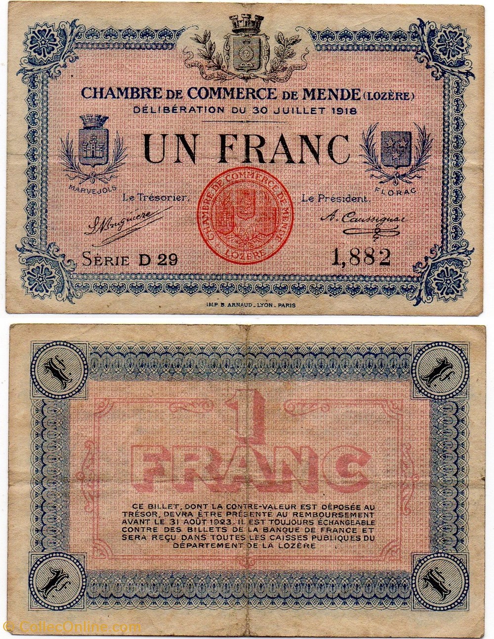billets europe france 1 franc c c m serie d29