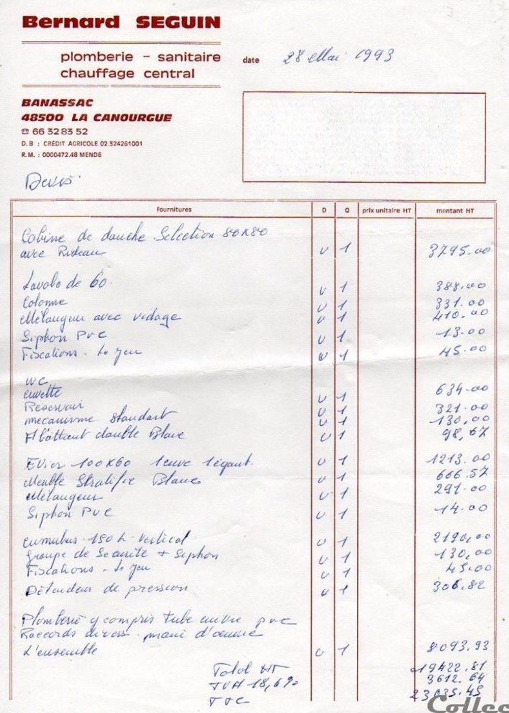 Seguin Bernard (1993) documents anciens factures commerciaux seguin bernard 1993