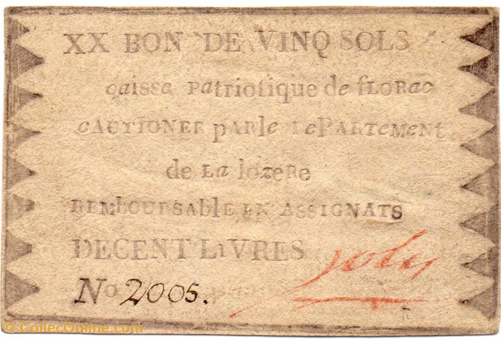 Billet de Confiance - FLORAC (Lozère) - 20 sols billets europe france billet de confiance florac lozere 20 sols