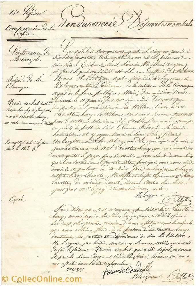 documents anciens autres 1844 proces verbal pour un mandat arret la canourgue