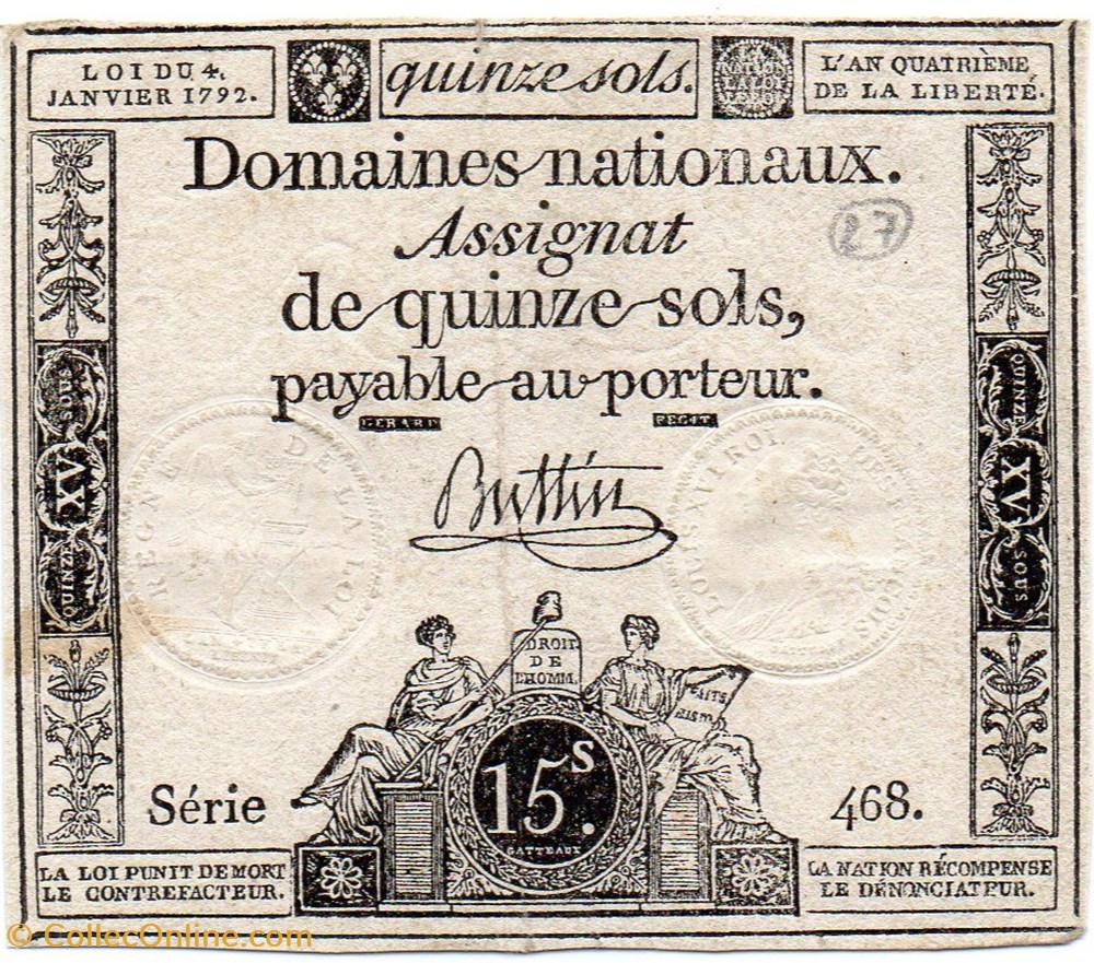 Assignat de 15 sols - 4 janvier 1792 billets europe france assignat de 15 sols 4 janvier 1792