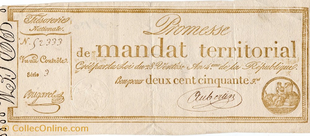 Mandat territorial de 250 francs - 28 ventôse AN IV billets europe france mandat territorial de 250 francs 28 ventose an iv