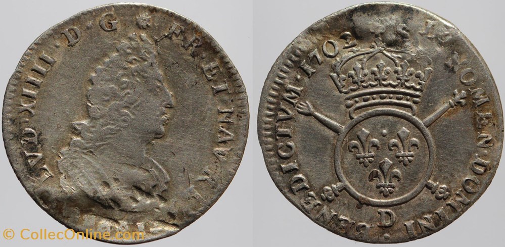 Dy 1536 - Louis XIV - 1/12 d'écu - 1702, Lyon monnaies europe medievale a france royales dy 1536 louis xiv 1 12 ecu 1702 lyon