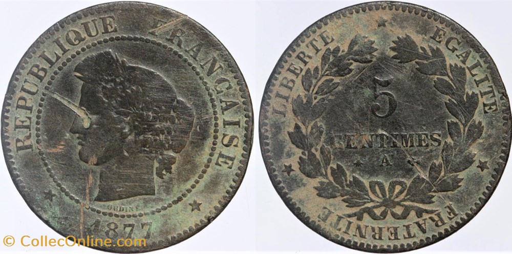 monnaies monde france f 118 troisieme republique ceres 5 c 1877 a