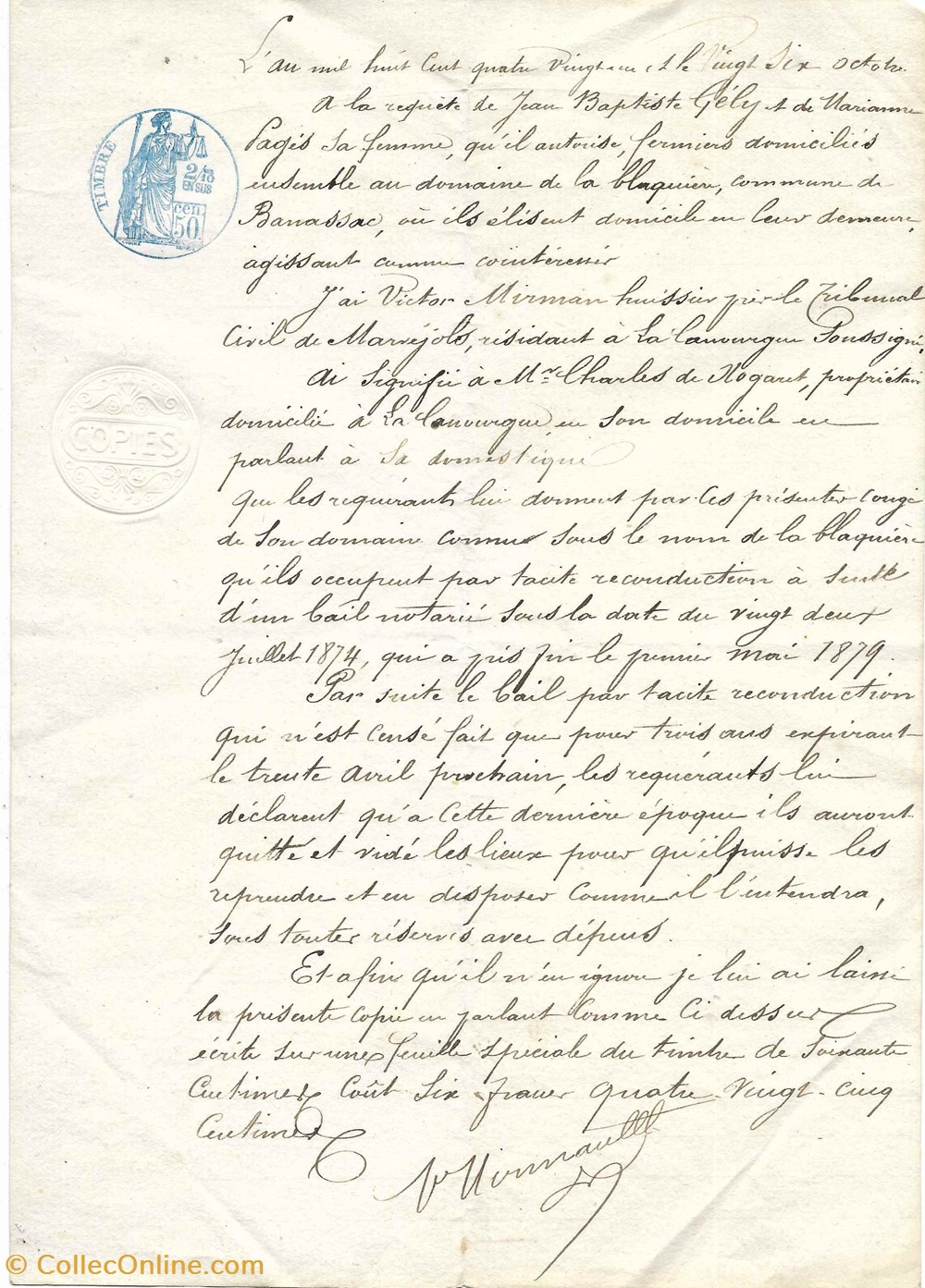 1881 - Signification de congé du domaine de la Blaquière documents anciens autres 1881 signification de conge du domaine de la blaquiere