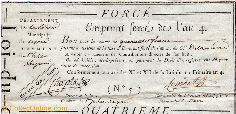 Bon pour 6 x 40 francs - St-Julien-d'Arpaon (Lozère) billets europe france bon pour 6 x 40 francs st julien d arpaon lozere