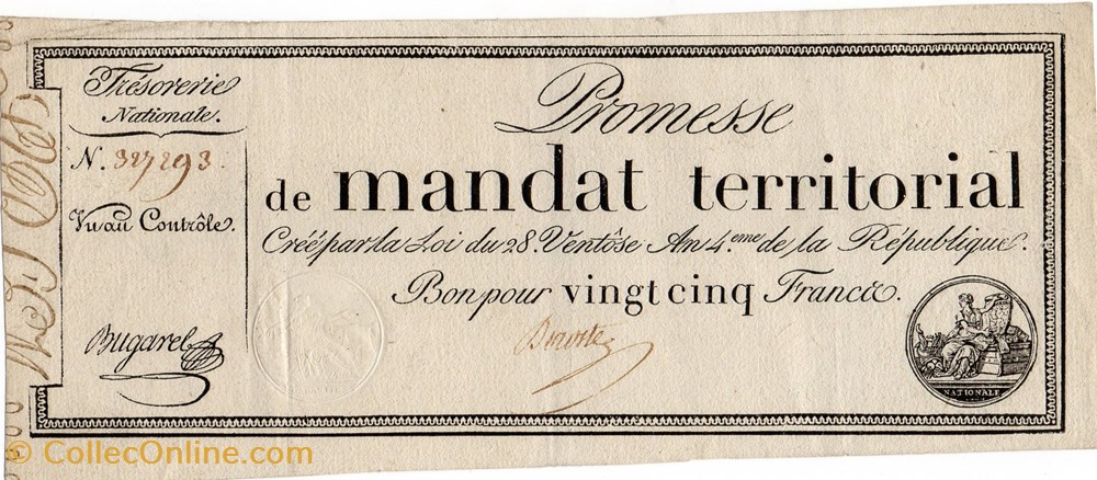 billets europe france mandat territorial de 25 francs 28 ventose an iv